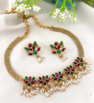 Indian Red Stone Fancy Gold Plated Necklace Set With Earrings