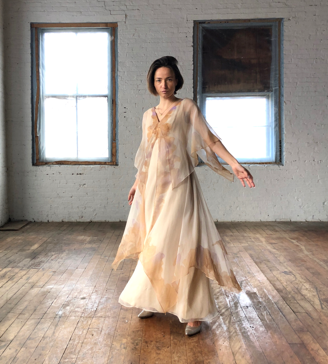 UNIQUE Vintage 1970s Hand Painted Chiffon Evening Gown Zandra