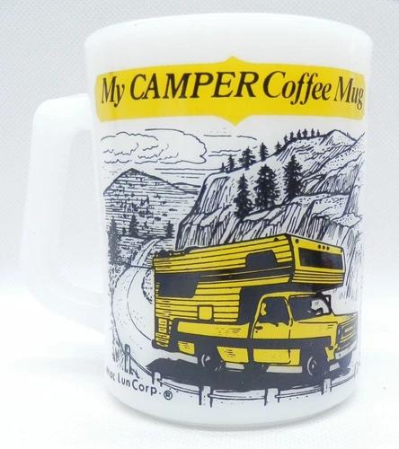 Vintage "My Camper Coffee Mug" Federal Glass Milk Glass 1970's Pickup RV