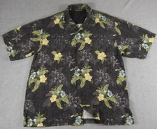 Tommy Bahama Hawaiian Shirt Mens L Black Green Camp Short Sleeve Floral Silk