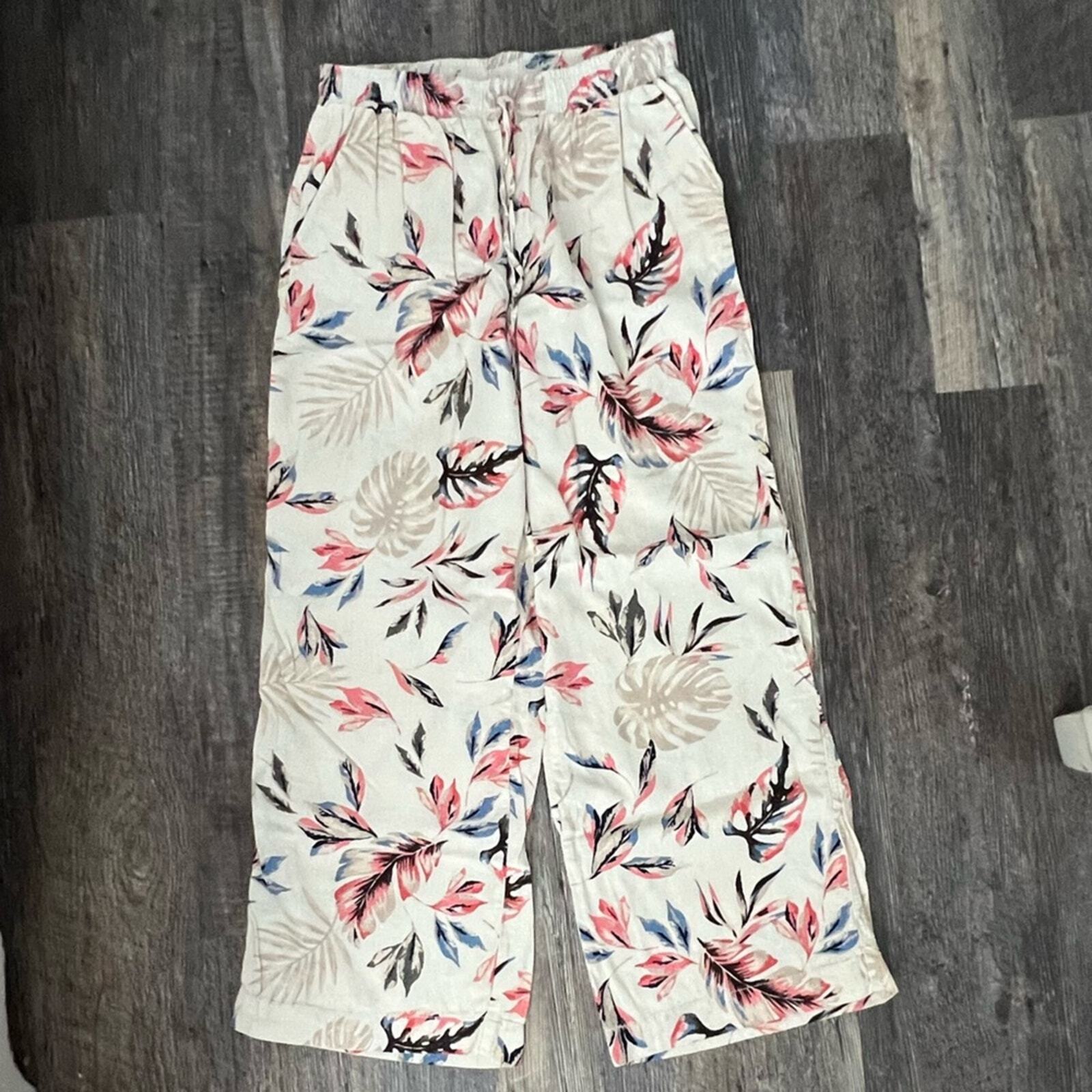 Briggs Pants Size Large Linen Blend Tropical Elastic Waist Pull On Relaxed