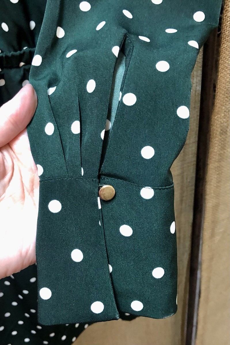 New H&M sz 6 Green Polka Dot Dress Pleated Neckline Gold Button Accents