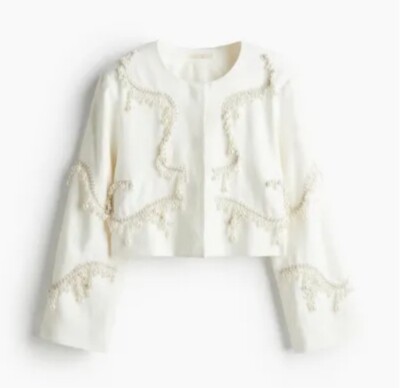 H&M Cropped Bead-embellished linen jacket  White_ecru. Jacket Only -Sz L BNWT.