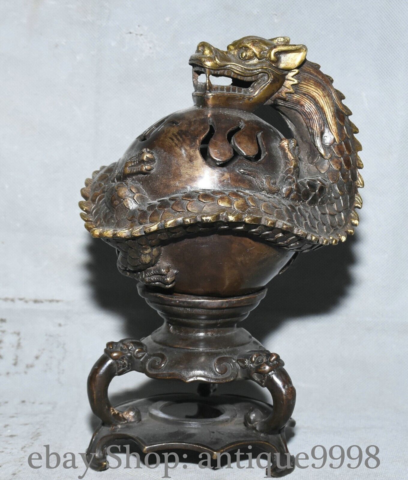 9.4'' Old Dynasty Bronze Fengshui Dragon Loong Animal Incense Burner Censer