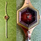VTG SEIKO WOMEN WINDUP MECHANICAL WATCH GOLD TONE HEXAGON RED DIAL 6.5” Works