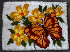 Vintage Latch Hook Rug Piece Yarn Canvas Butterfly and Flowers Finished