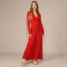 NWOT Farm Rio V Neckline Ruched Red Maxi Dress Long Sleeves Size S
