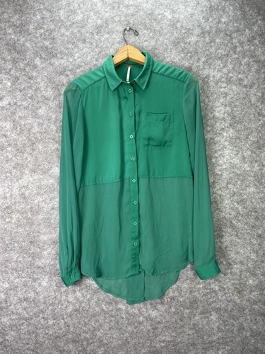 Free People Shirt Womens XS Green Sheer Button Front Blouse High Low Hem - Afbeelding 1 van 12