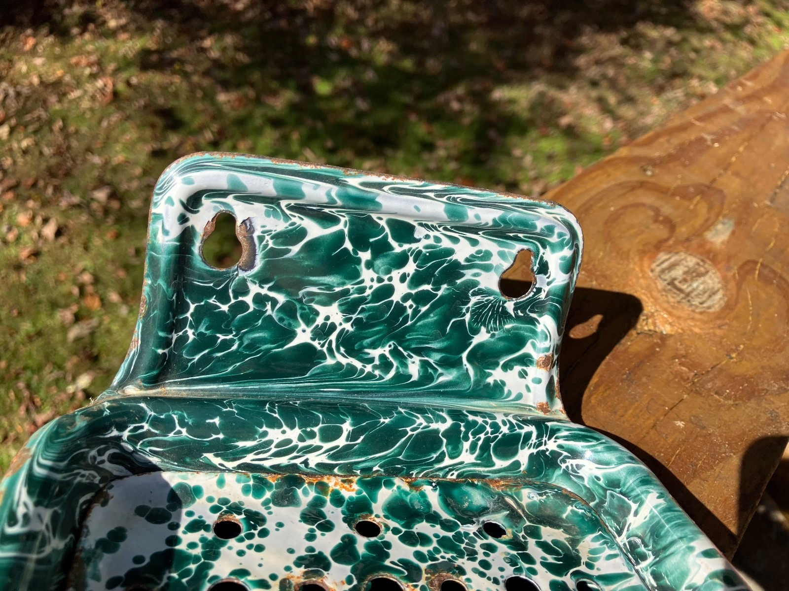 Antique Graniteware Enamelware Green & and White Swirl Soap Dish Wall Mount