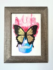 Original Acrylic Gold Ink Painting Butterfly Skull Art 38x29cm Framed OOAK