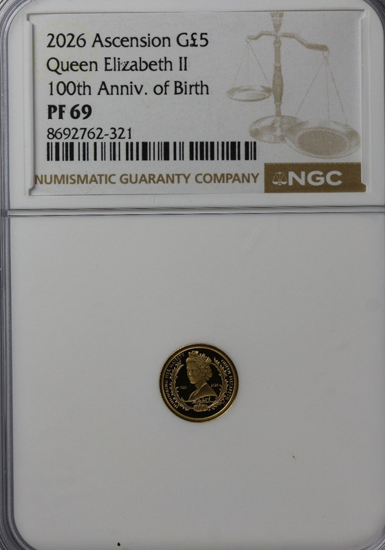 NGC PF 69 2026 Ascension Gold 5 pound Queen Elizabeth II 100th Anniv. of Birth
