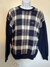 Vintage John Ashford Golf Sweater Crew Neck 100 Cotton Size XL Knit Blue Plaid