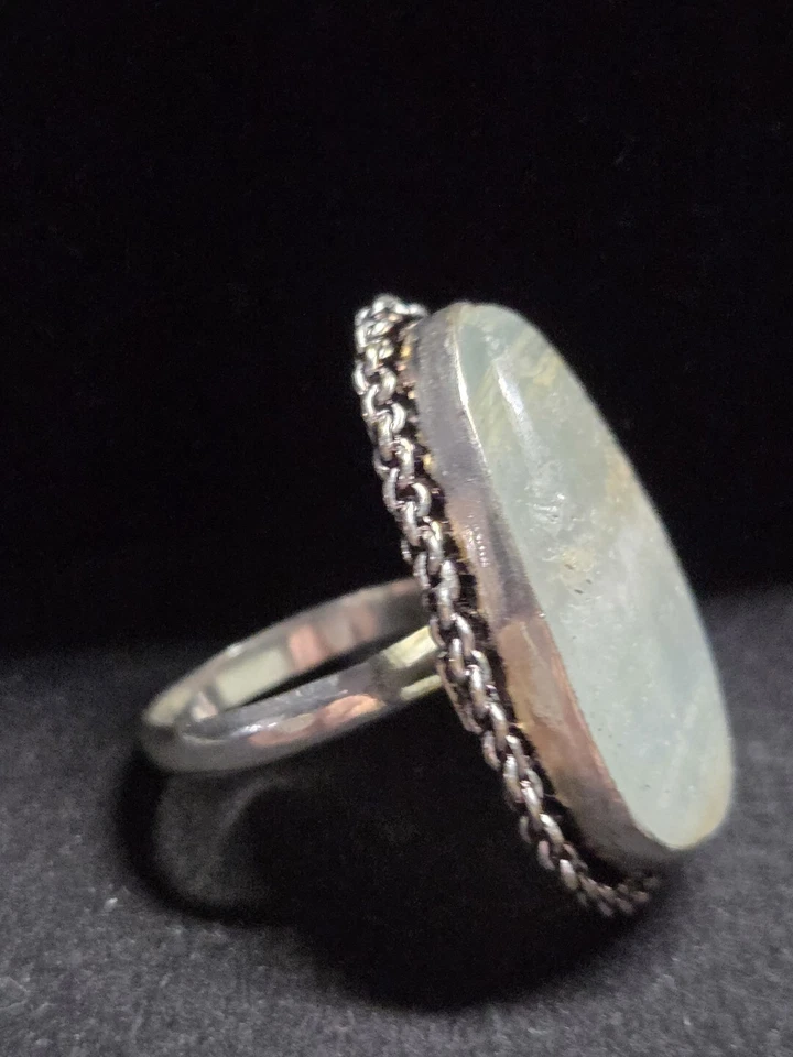Anillo estilo artesanal ovalado cabujón aguamarina cruda plateado talla 6,75 excelente Foto 3 de 4