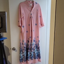 Vintage AJ Loungers Pink Blue Floral Border Print Maxi House Dress Kaftan Zip