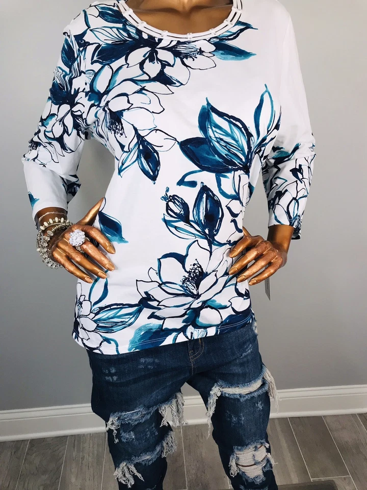 Alfred Dunner L Top NWT $59 Stretch Floral Print Studded 3/4 Sleeves Blouse Crew - Image 3 of 4