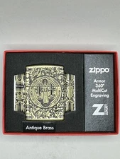 St Benedict MultiCut Engraved Design Antique Brass Armor Zippo Lighter NEW 29719