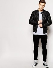 Men Leather Bomber Genuine Leather Black Motorcycle Biker Jacket XS-2XL FB187