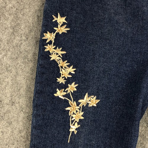 Escada Jeans 40 (US Size 10) Blue Straight Leg High Rise Gold Roses Rhinestones - Picture 7 of 16