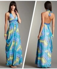 BCBG MaxAzria Printed Chiffon Halter Maxi Gown 8 
