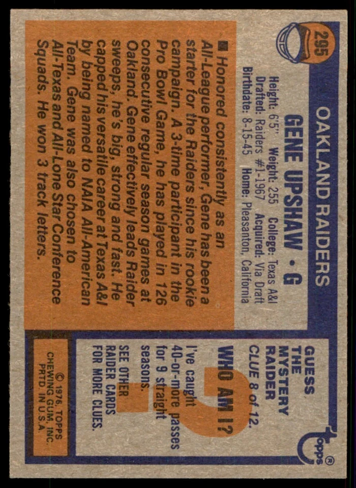 1976 Topps Gene Upshaw Football Card Oakland Raiders #295 - Image 2 of 2