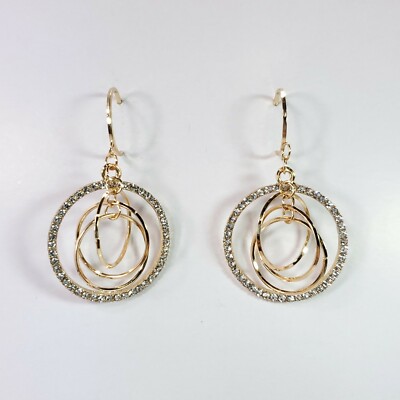E0690 Gold Tone Rhinestones Deco Multi Circle 3D Shape Drop Dangle Post Earrings