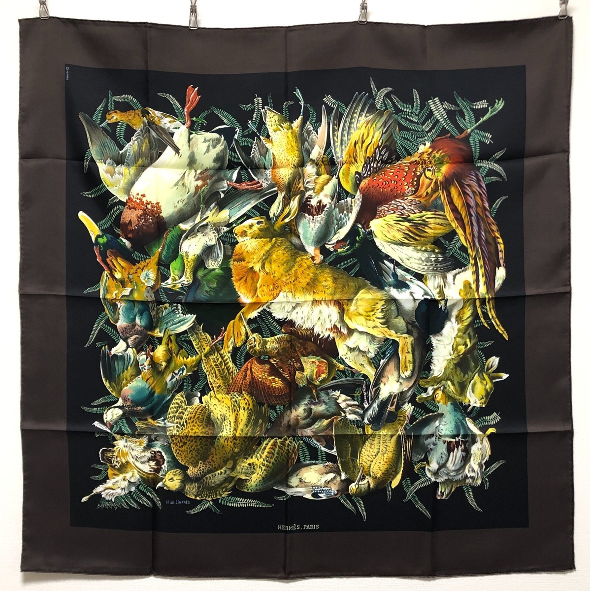 MINT HERMES Silk Scarf H de LINARES Rabbit Bird Hunting 90 35″ Box