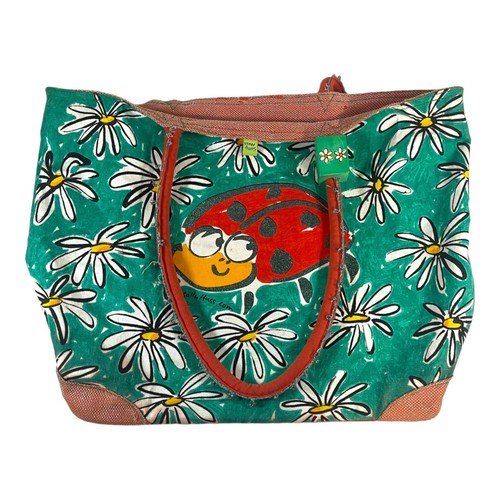 Sally Huss Sunny Thoughts Cotton Tote Bag Ladybug Daisies Design Red & Green 15"