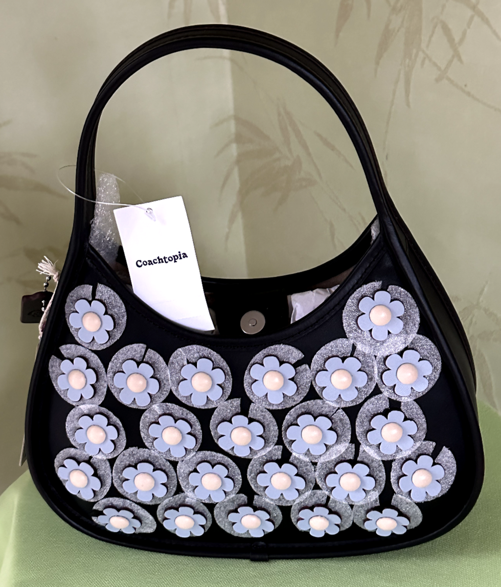 COACH COACHTOPIA ERGO BAG w/MINI FLOWER APPLIQUE:NWT BLACK/ICE