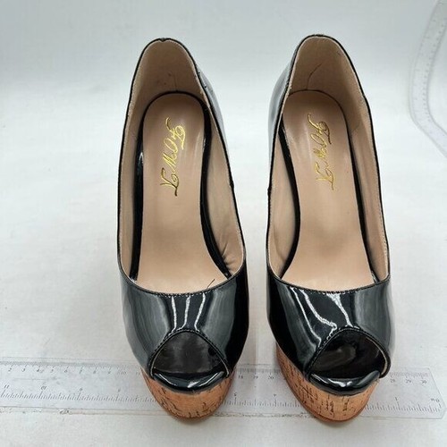 FOWT Noble High Cork Wedges Peep Toe Women Pumps with Platform Black - Picture 3 of 7