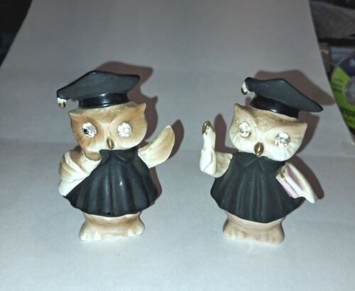 Norcrest Graduate Owls Salt And Pepper Rhinestone Eyes Vintage - Afbeelding 1 van 6