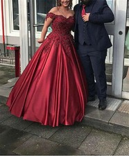Burgundy Red V-neck Ball Prom Dresses Applique Lace SatinSleeveless Evening Gown