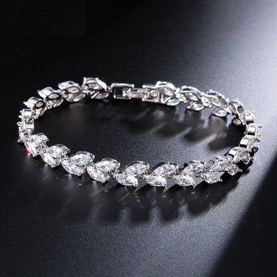 White CZ Leaf Bracelet-Marquise Cut Zircon Bangle Women Bridal Wedding Bracelets