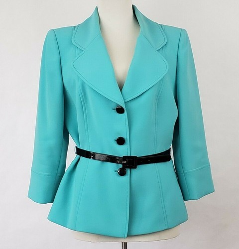 Tahari ASL Notch-Lapel Button-Front Jacket aqua blue women's size 8