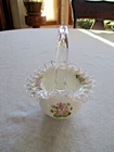 FENTON GLASS BASKET, "VIOLETS IN THE SNOW" HAND PAINTED AND SIGNED