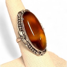 Lady's Silver Tone Orange Banded Agate Ring Size 7.75 Ornate Handcrafted