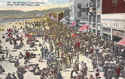 Beach Crowd Between Ocean Park Venice California 1910c postcard