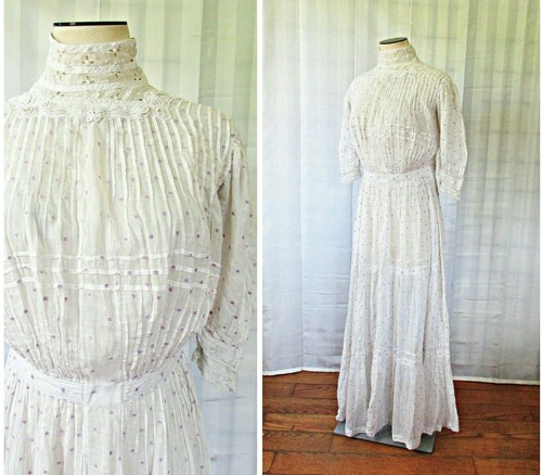 Antique Victorian Dress 1890s White Cotton Purple