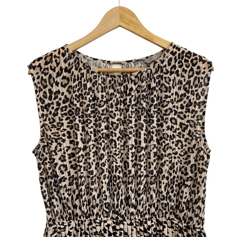 H&M Leopard Animal Print Sleeveless Pleated Midi Dress Elastic Waist M (14-16) - Picture 6 of 9
