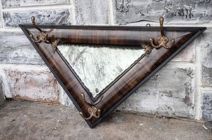 Antique Victorian Triangle Tiger Stripe Wood Pie Crust Bevel Mirror Hat Rack