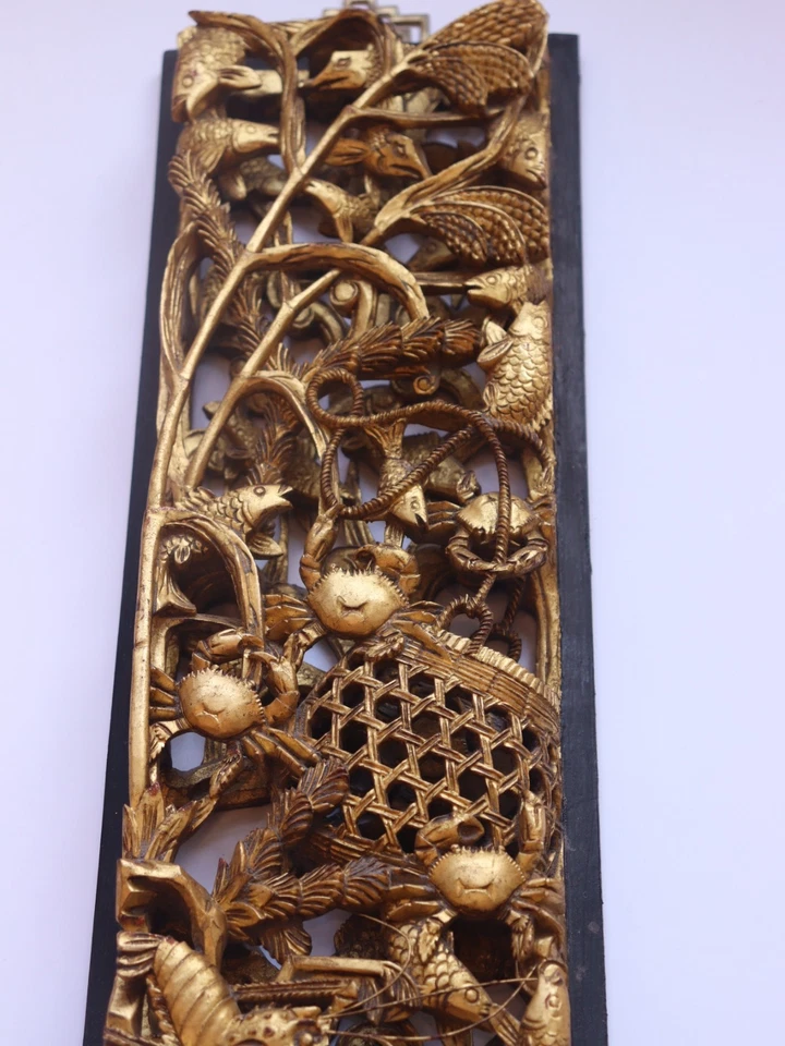 Painel de madeira antigo chinês esculpido e dourado dourado com ornamentos naturais 17,3"" - Imagem 4 de 4