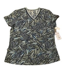 Koi Scrub Top Women  s Sz M Medium Floral Leaves Green Floral Stretch NWT Blue