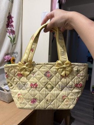 Ferera Yellow Quilted Fruit Pattern Tote Bag with Bow Accents & Drawstring
