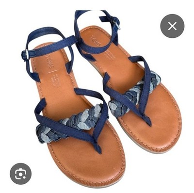 TOMS Lexie Flat Sandals Navy Chambray Shoe Toe Post Ankle Strap Women s Sz W8