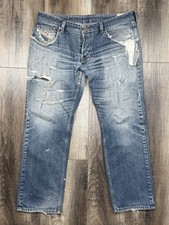Diesel Larkee Denim Jeans 36x30 Regular Straight Made in USA Trashed Repair OOAK