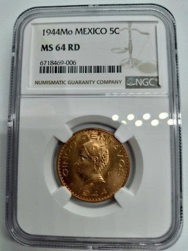 1944 Mexico 5 Centavos Bronze Coin NGC MS64RD