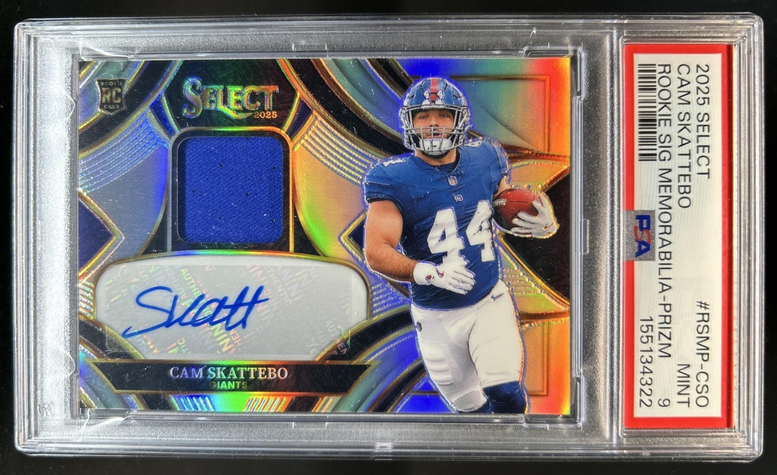 2025 Select Cam Skattebo Rookie Memorabilia Jersey Prizm RC Auto #/249 PSA 9 view 1