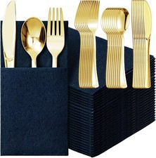 25 Pack Gold Plastic Silverware Set with Napkins, Linen Touch Napkins and