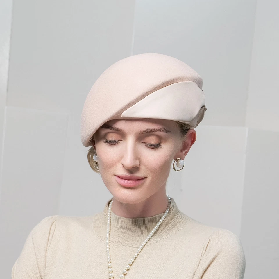 Chapéus fascinadores boina de feltro de lã bege feminino igreja festa de casamento chapéu com laço - Imagem 3 de 4