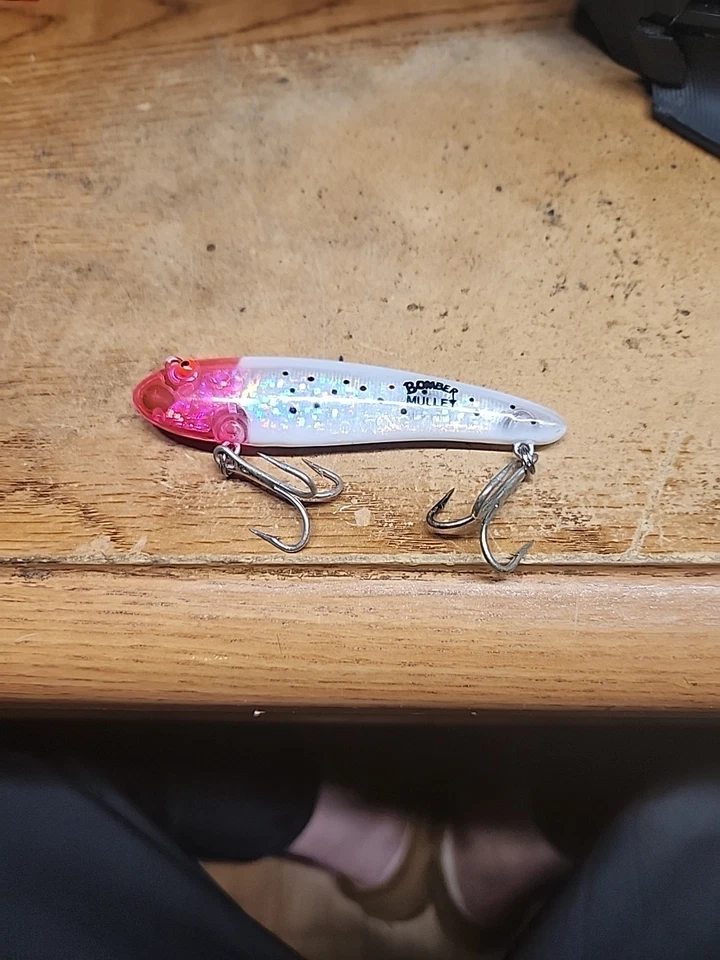 Bonito señuelo de pesca Bomber Mullet Mark Sosin Signature Series rosa blanco transparente Foto 2 de 4