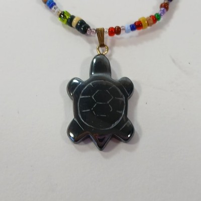 Hematite Turtle Pendant Necklace Beaded Carved